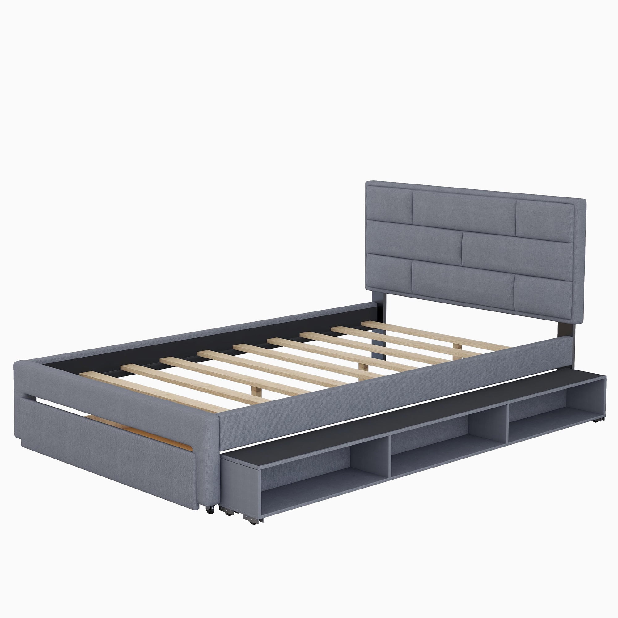 Full Size Linen Upholstered Platform Bed with a Drawer and Shelves for Kids Bedroom, Gray