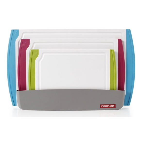 Neoflam 4 Piece Plastic Coded Cutting Board Set plus Organizer with Food Icon, Microban Protection, Extra Large, BPA Free, Juice Groove, Non Slip, Dishwasher Safe, 4pc, Multicolor