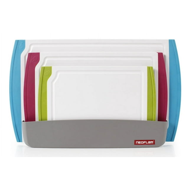 Neoflam 4 Piece Plastic Coded Cutting Board Set plus Organizer with Food Icon, Microban Protection, Extra Large, BPA Free, Juice Groove, Non Slip, Dishwasher Safe, 4pc, Multicolor