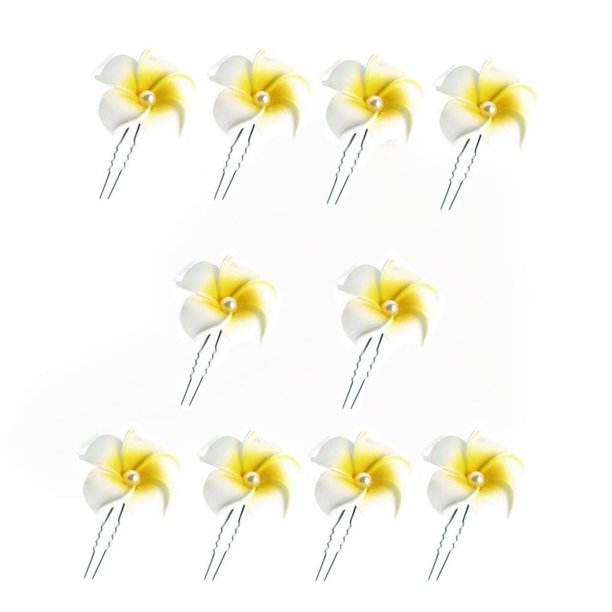 10 pasadores para el pelo de flores de plumeria hawaianas blancas y amarillas para novia, boda, pasadores de pelo con perlas de cristal para mujeres, accesorios de joyería de boda, regalo para niñas,
