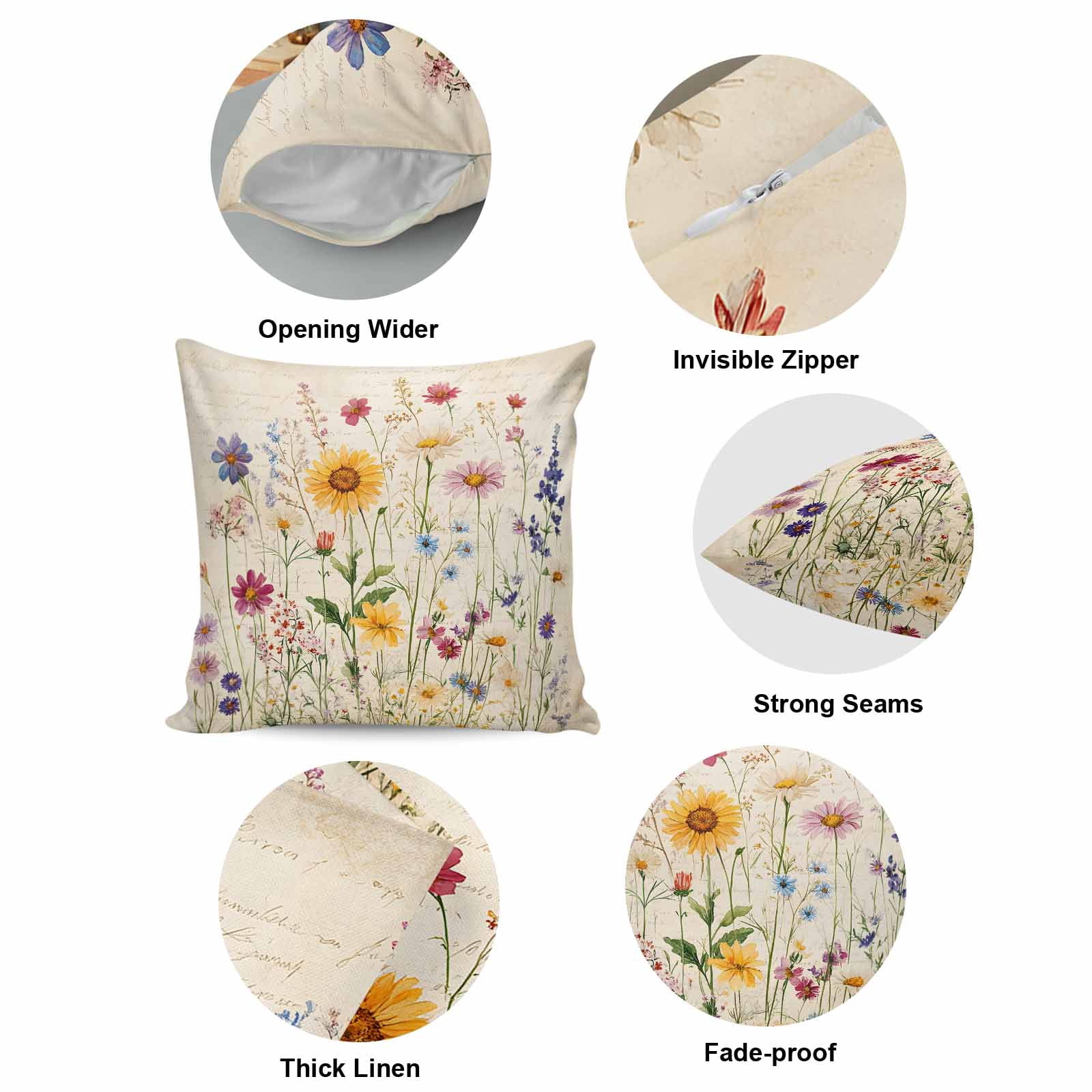 Spring Floral Pillow Covers 18x18 Inch, Vintage Pastoral Rustic Botanical Flowers Linen Pillowcase with Invisible Zipper, Decorative Throw Pillow Covers Cushion Case for Couch Sofa Bed Living Room