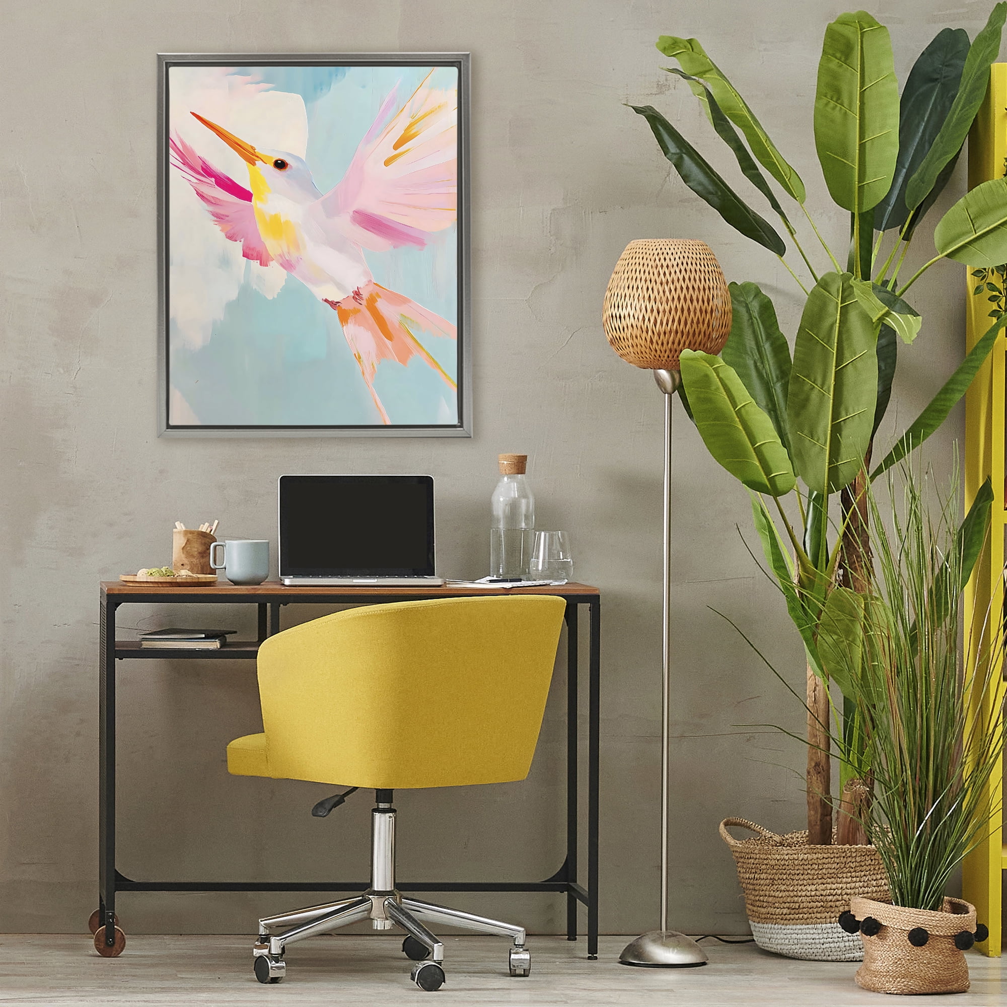 Stupell Industries Pastel Hummingbird Soaring Gray Framed Floater Canvas Wall Art, design by The Prints Vibe