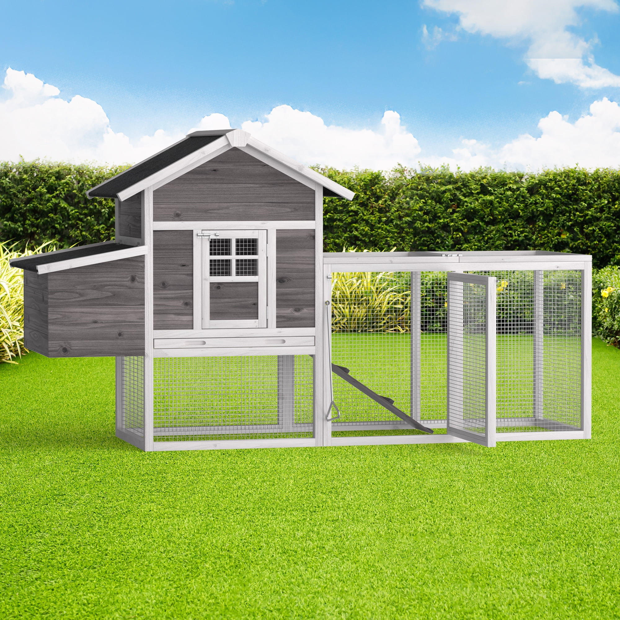 Phonjoroo Chicken Coop for 2-4 Chickens Outdoor Grey Wooden Hen House Poultry Cage w/Wire Fence, Ramp, Nesting Box, Tray, Roosting Bar, 4 Access Areas