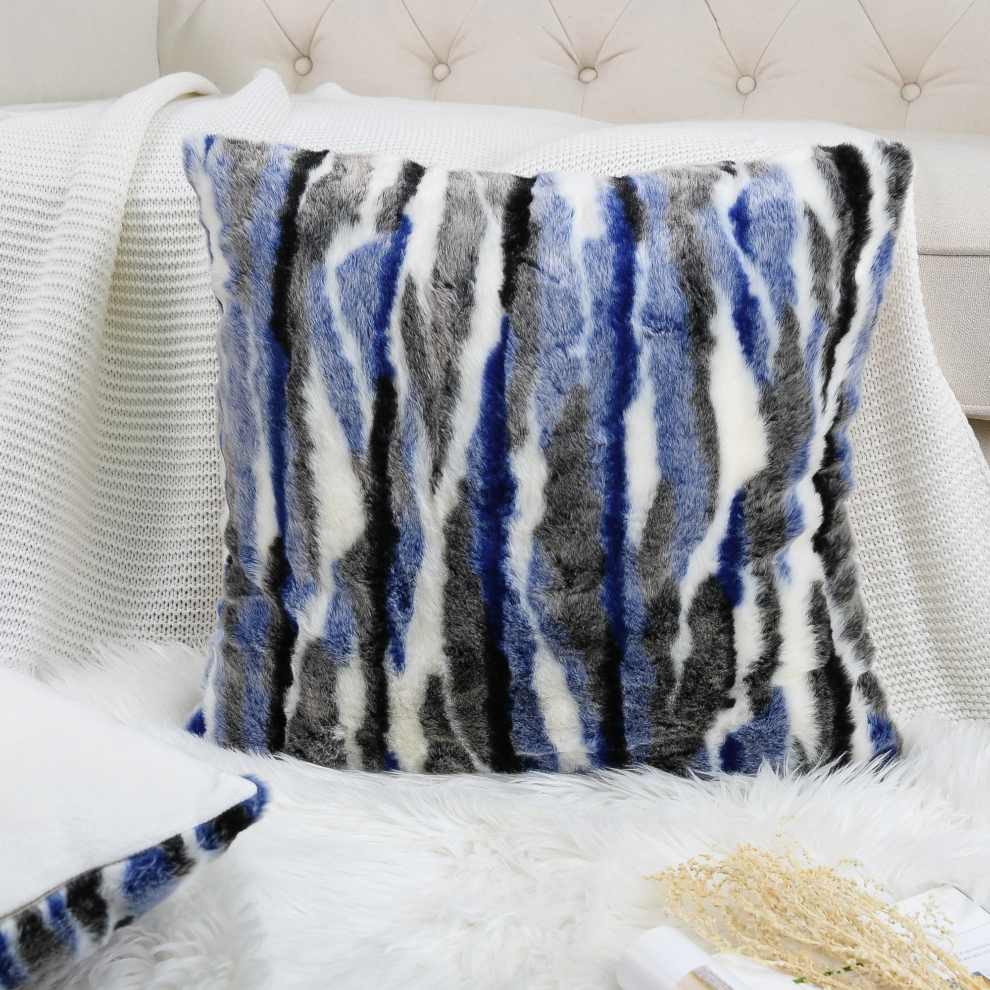 Home Soft Things Multi Jacquard Faux Fur Throw Pillow Cover 2pcs Set - Blue