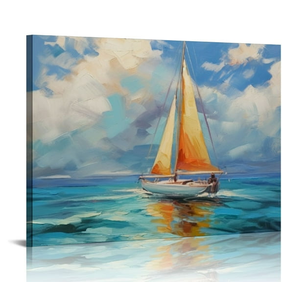 JRXY Nautical Sailboat Canvas Wall Art Seascape Paintings, Ocean Decor Artwork Pictures for Living Room Bedroom Bathroom Home Office, White Blue Coastal Wall Decor 20x16 Inches 20x16in