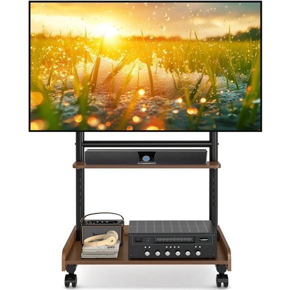 RTVR Support Télé Universel Roulant avec Roues pour Téléviseurs de 40 à 86 Po, Capacité de 150 Lb et Tablette Multimédia en Bois, Brun