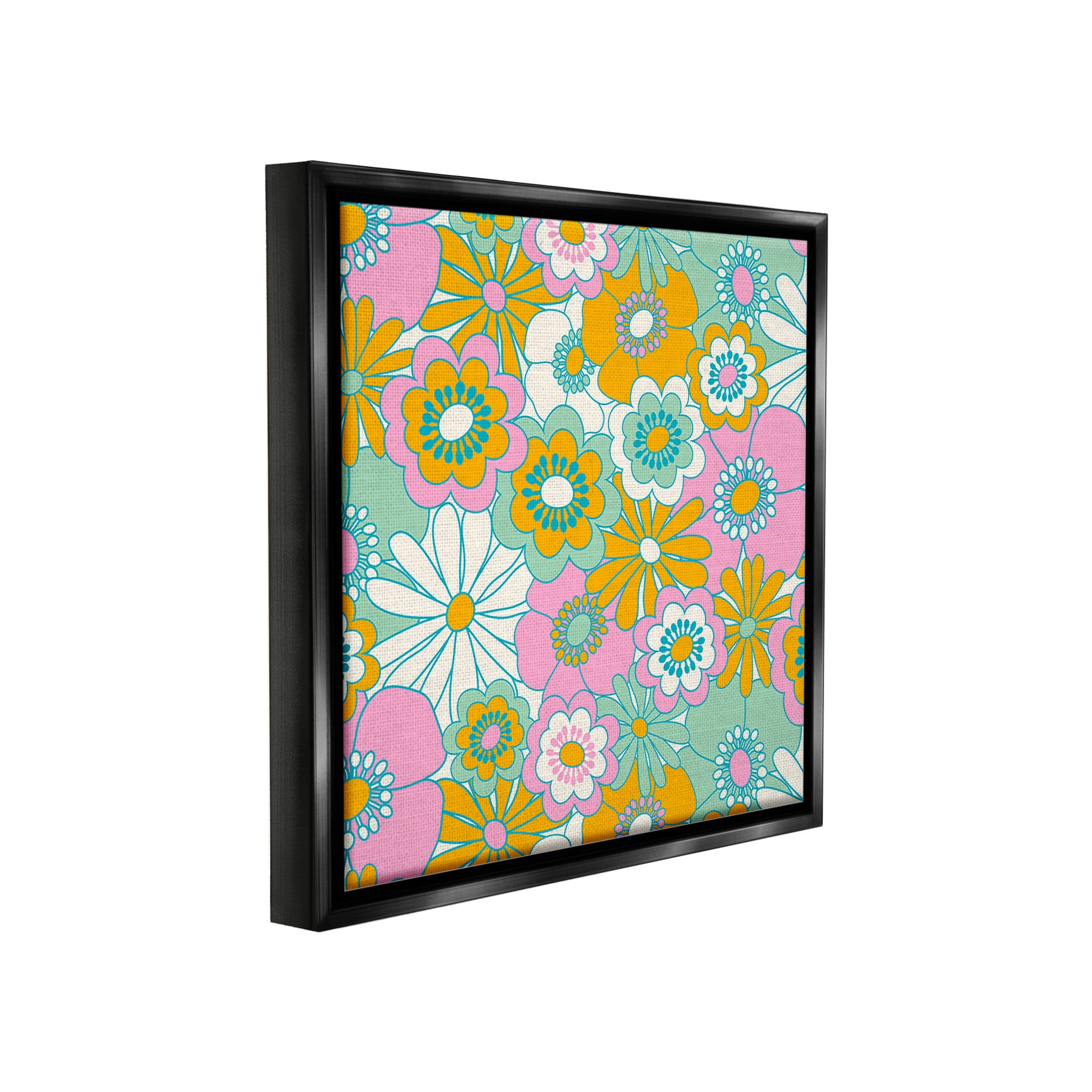 Stupell Industries Groovy Flower Pattern Botanical & Floral Painting Black Floater Framed Canvas Art Print Wall Art, 25 x 25