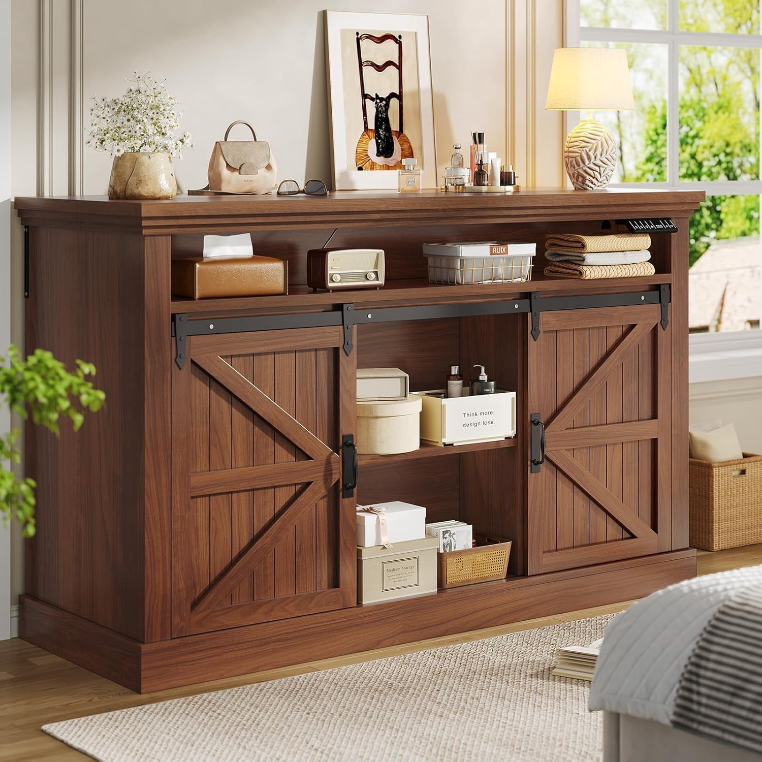 Motorized TV Lift Cabinet for 55-60” TVs, Farmhouse TV Stand, Entertainment Center with Storage Cabinets & Sliding Barn Doors, TV Media Console Table with Charging Station for Living Room, Brown