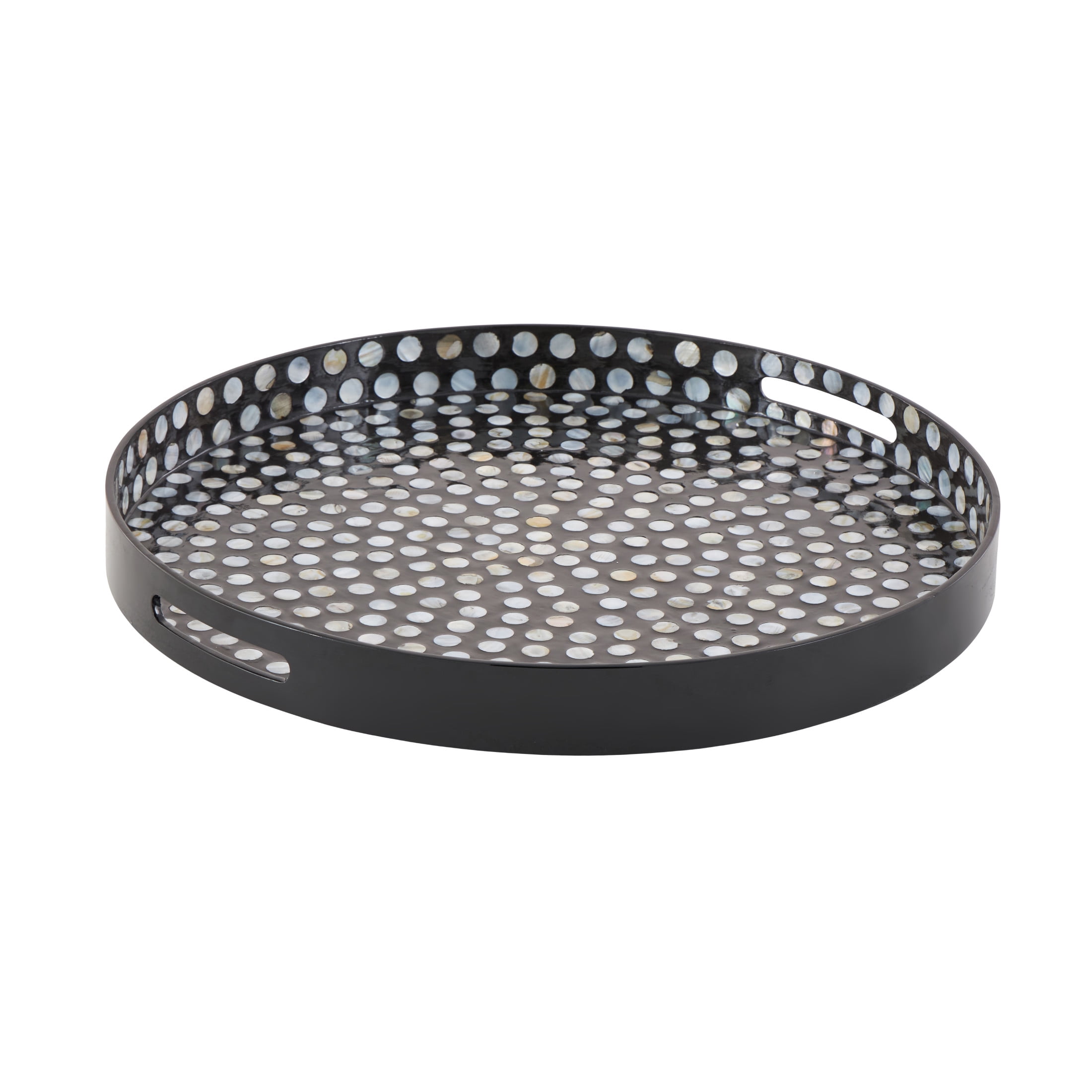 DecMode 24" x 24" Black Mother of Pearl Shell Handmade Nautical Tray with Slot Handles, 1-Piece