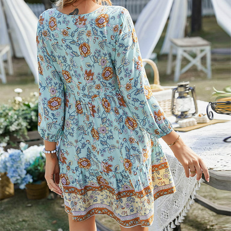 Bescita Boho Summer Dresses for Women V Neck Vintage Ethnic Style Printed  Smocked Tiered Casual A Line Flowy Midi Dress