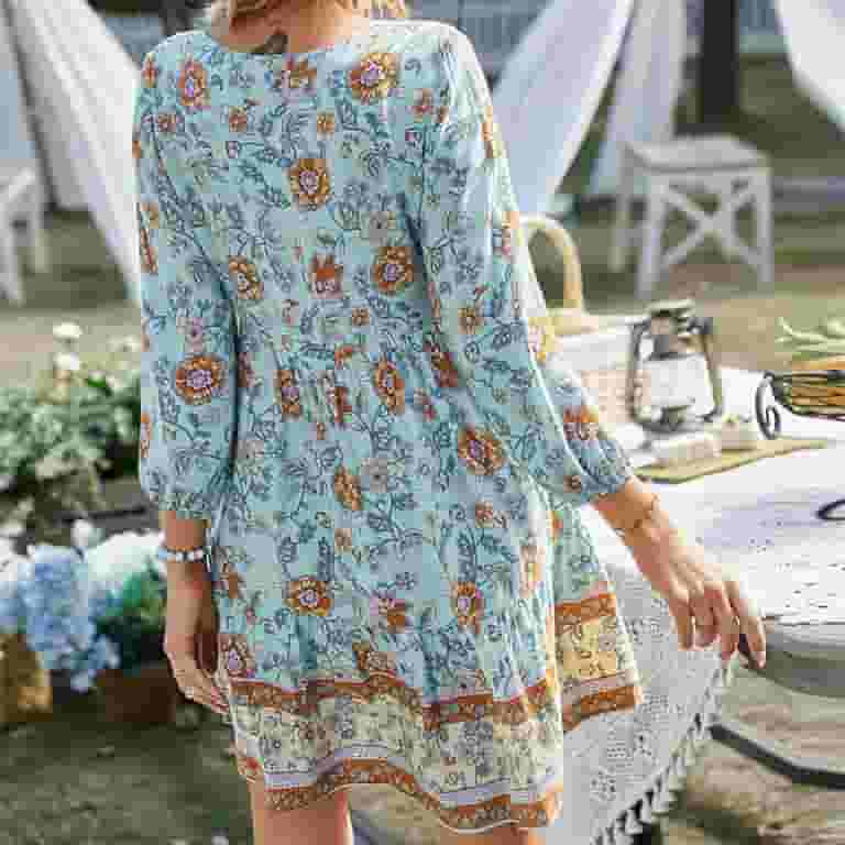 Beautiful Bohemia Floral Deep V Neck Trumpet Sleeve Vacation Dresses Beautiful Bohemia Floral Deep V Neck Trumpet Sleeve Vacation Dresses