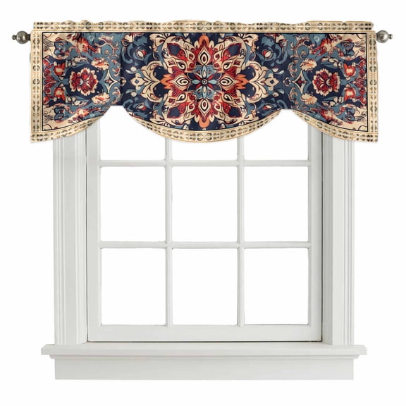 Tie Up Valances for Windows, Bohemian Adjustable Valance Curtains Window Treatment for Living Room/Bedroom, Blue Retro Boho Ethnic Farmhouse Colorful Rod Pocket Kitchen Curtains & Drapes 60x18 Inch
