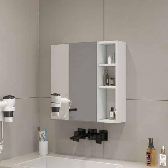 Mintazer Wall-Mounted Mirror Cabinet with Storage Shelves, Bathroom Organizer with Mirror Door & Multi-Compartment, White