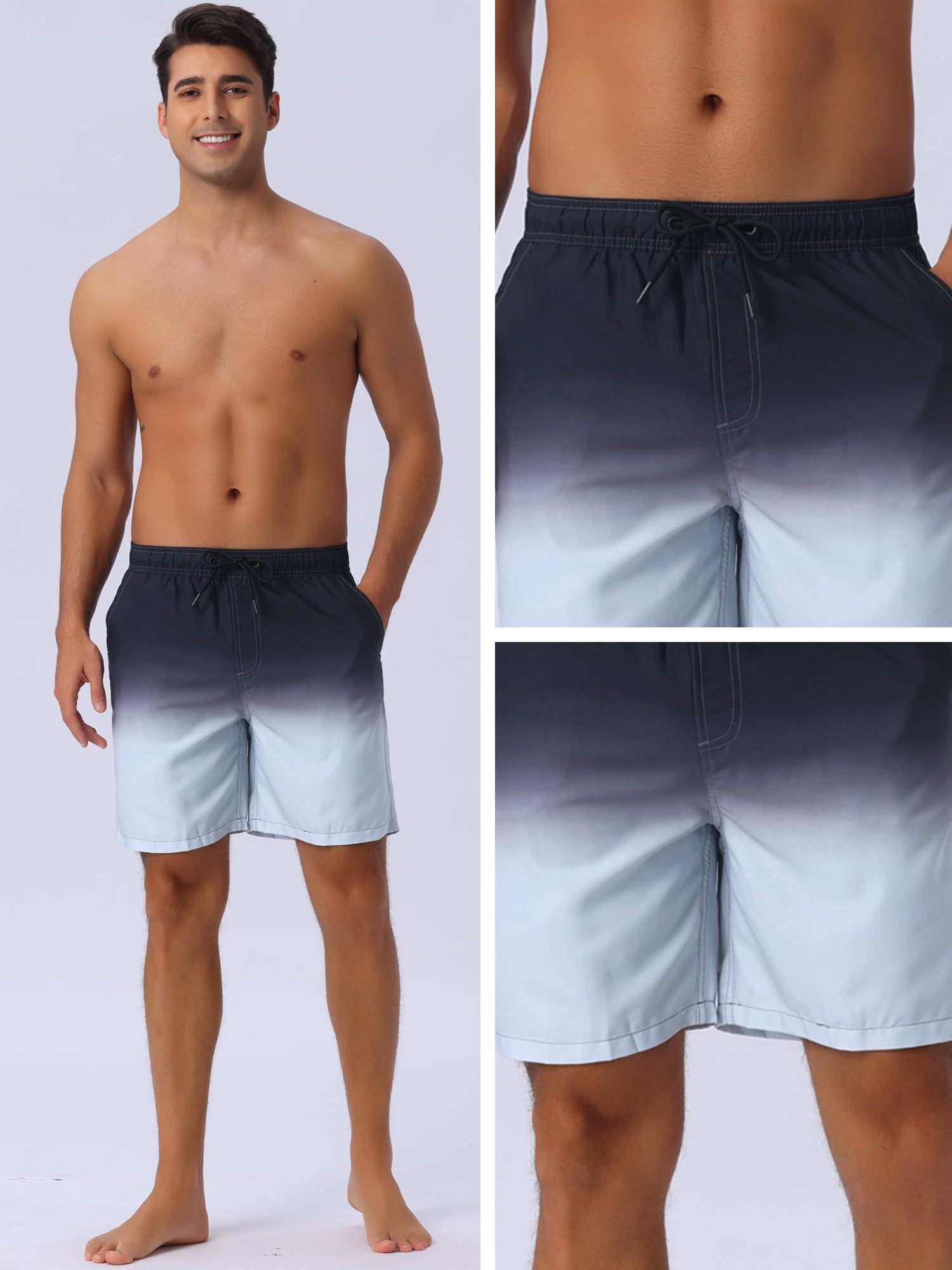 DARING DIVA Men's Gradient Color Drawstring Elastic Waist Lining Swimming Trunks 34 Gray