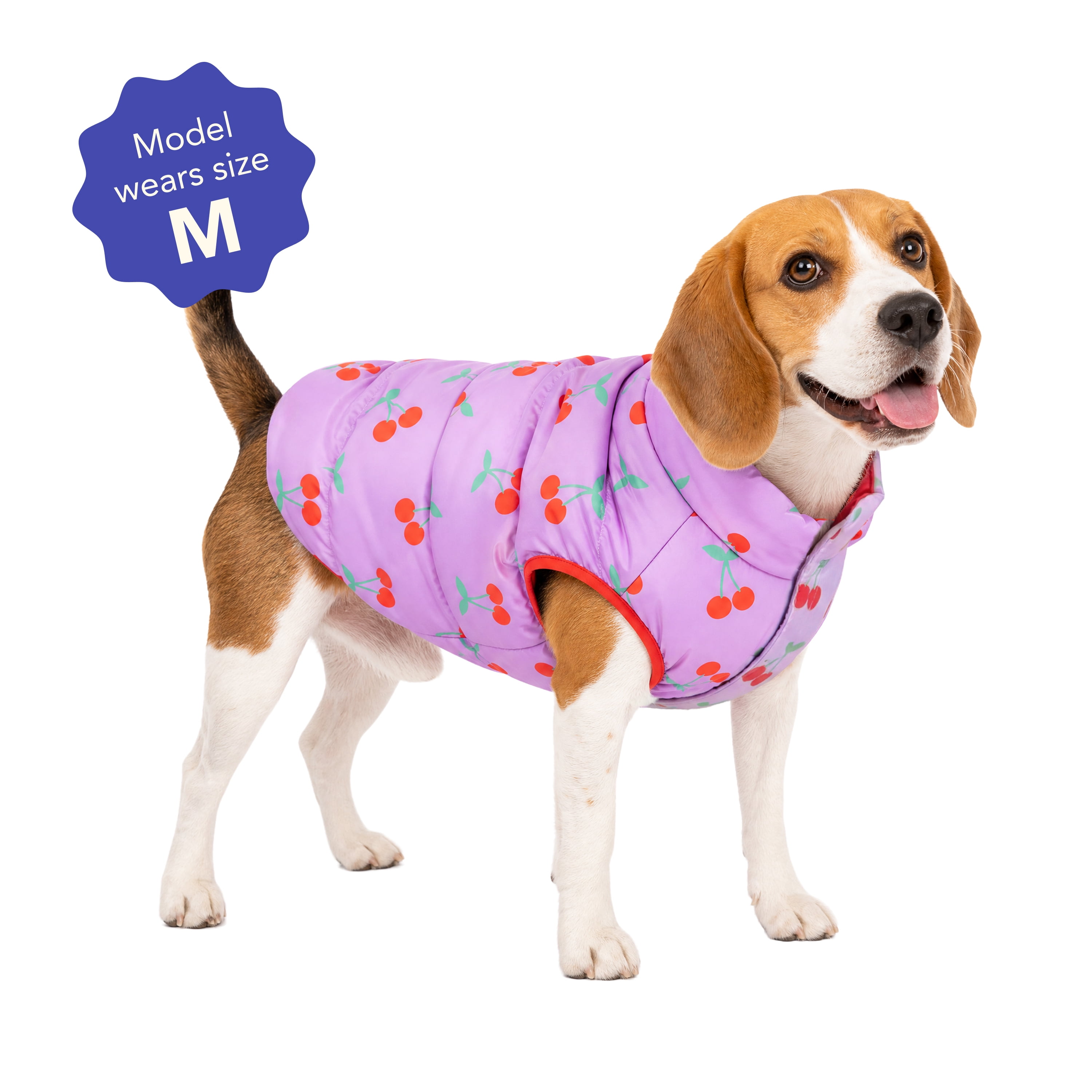 Oodles Cherry Print Quilted Puffer Fall Dog Jacket, Purple, Medium