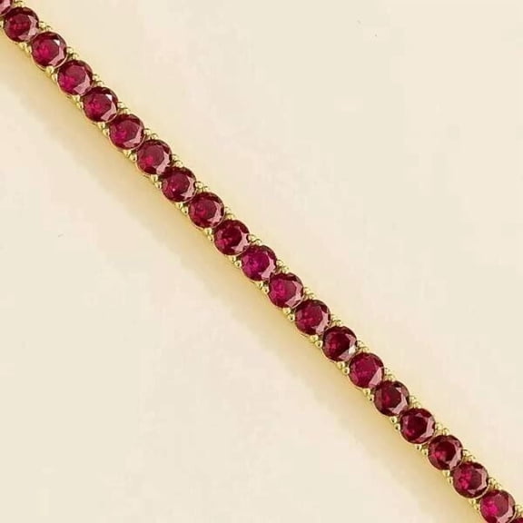 Diastar Jewels Round Cut Lab Created 4MM Red Ruby Tennis Bracelet 14k Yellow Gold Finish