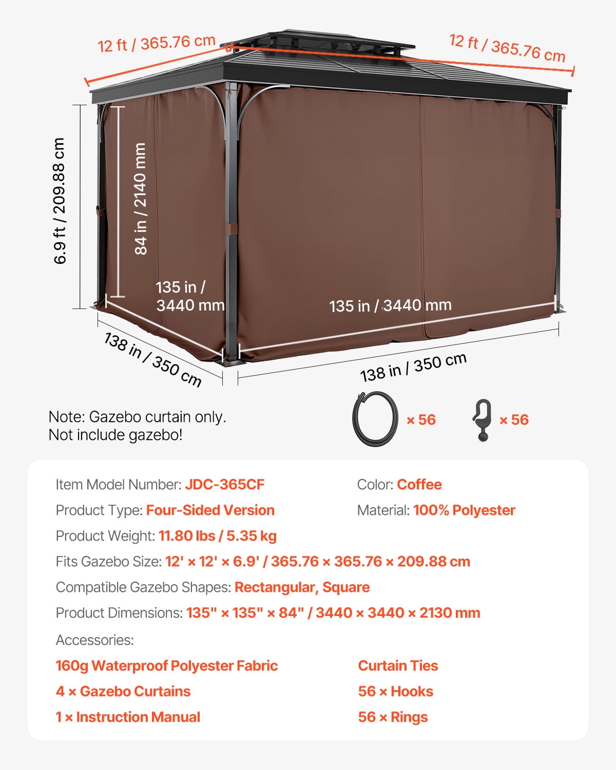 VEVOR Gazebo Curtains Outdoor, 12' x 12' x 6.9' Gazebos, 4-Panel Sidewall Gazebo Privacy Curtains with Zippers, Outdoor Curtain Replacement for Patio Canopy, Only Curtain, Coffee