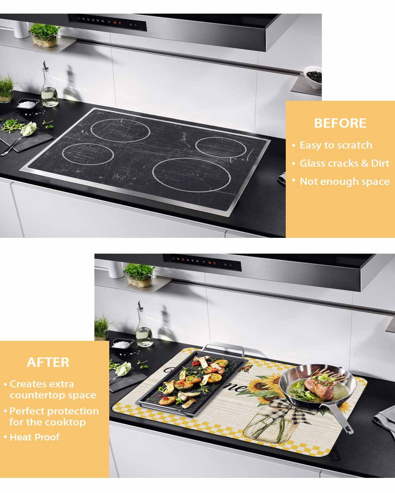 nqOlkjepod Large Induction Cooktop Protector Mat 31"x24", Yellow Sunflower Stove Top Covers for Electric Stove, Butterfly Plaid Bow Retro Beige Farm Stove Burner Cover Mats, Glass Top Stove Cover