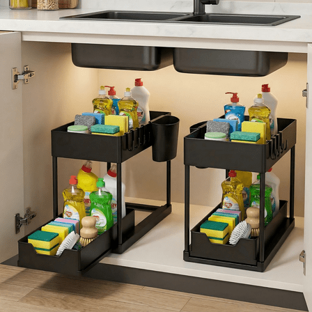 2-Pack Under Sink Organizer, 2 Tier Sliding Under Sink Storage, For Bathroom & Kitchen