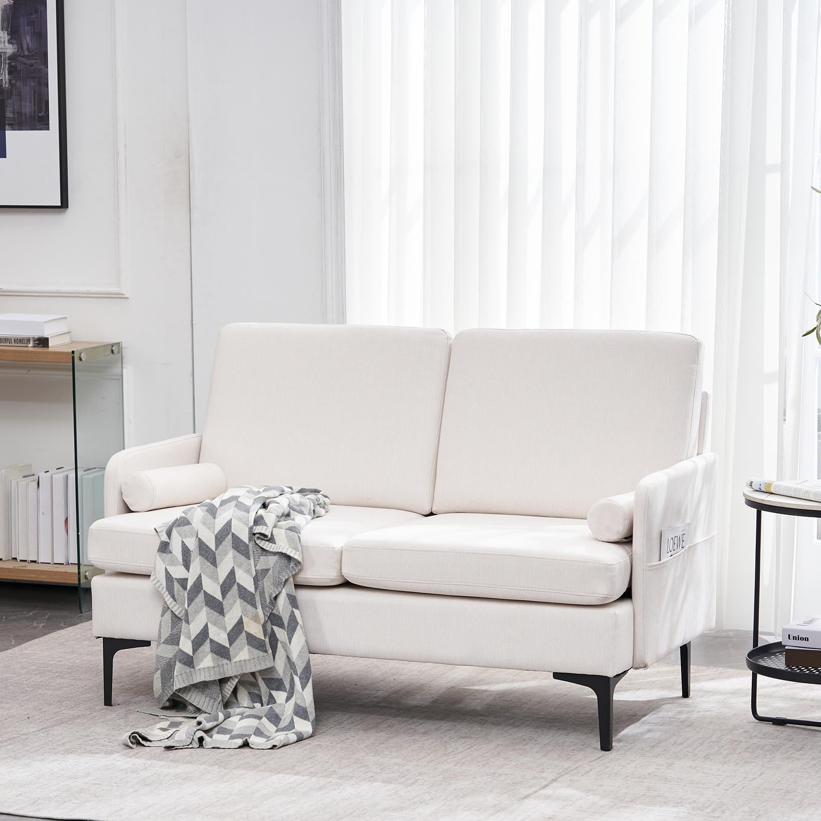 BaytoCare MidCentury Fabric Loveseat Sleeper 2 Seater Sofa Creamy White