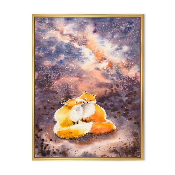 Designart 'Foxes Over A Night Sky Hugging ' Children's Art Framed Canvas Wall Art Print