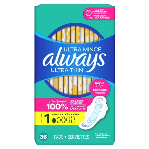 Always Pads Size 1 Ultra Thin 36 Count Regular (Pack of 2)