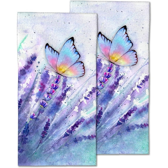 2 Pack Hand Towels for Bath, Lavender Butterfly Decorative Towels Highly Absorbent Soft Towels for Bathroom Beach Kitchen Spa Gym Face Towel 14x28 Inch