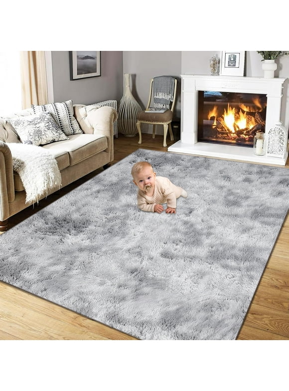 iFanze Large Area Rug, 5ft x 8ft Shag Living Room Rug, Indoor Modern Tie-dye Area Rugs for Bedroom, Rectangle Fluffy Home Carpets, Gray