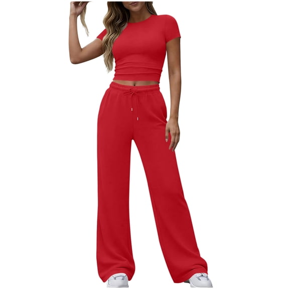 JYnXIANTI Workout Sets for Women Two Piece Outfit Fitted Crop Tops with Baggy Pants Set Athletic Matching Clothing Active Wear