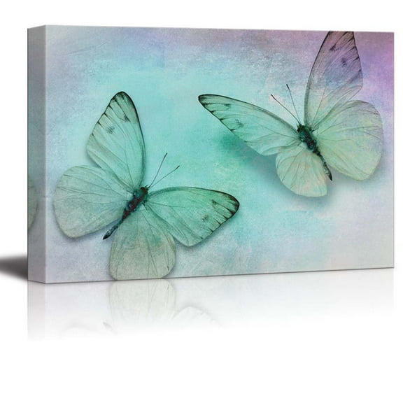wall26 Canvas Print Wall Art Pastel Neon Green & Purple Butterfly Duo Insects Animals Digital Art Modern Art Chic Portrait Colorful Multicolor Dark for Living Room, Bedroom, Office - 24"x36&