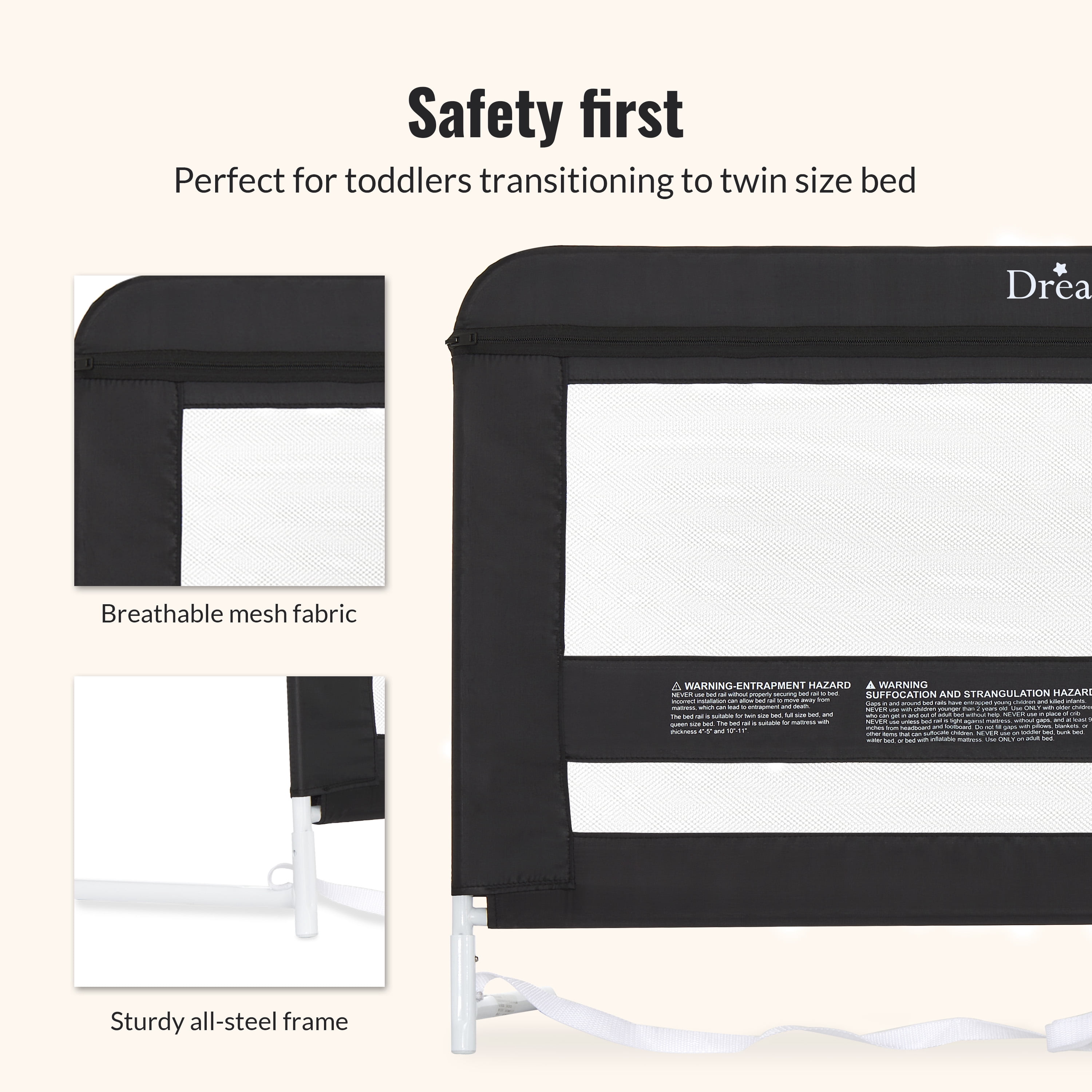 Dream On Me Lightweight Mesh Security Adjustable Bed Rail for Toddler in Black, Fits for Twin, Full, Queen, Toddlers and Bunk Size Beds with a Mattress height less than 5" inches only.