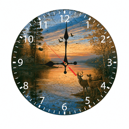 CozyHour 9.84 inch Round Deer Lake Cabin Wall Clock, Battery Operated Analog Clock for Rustic Wildlife Home Decor