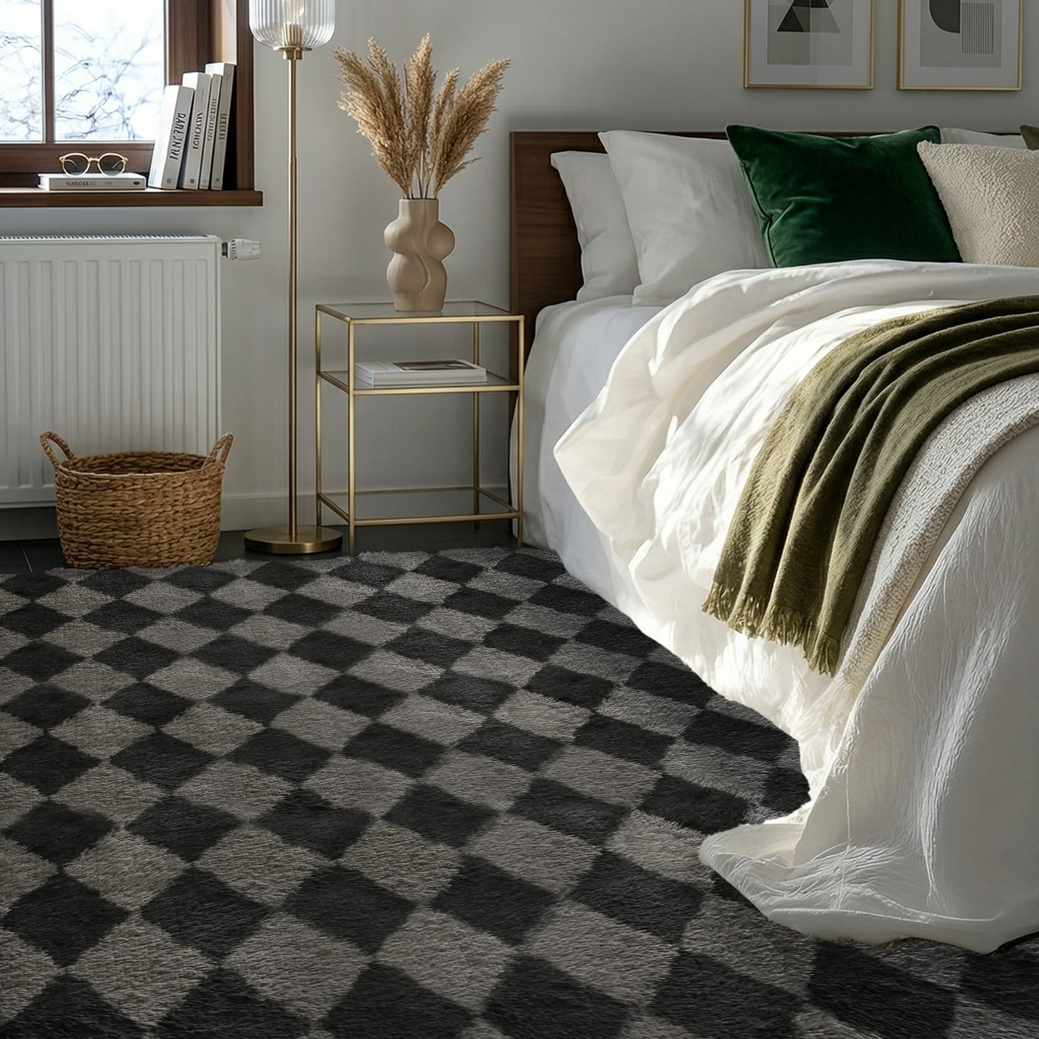 Pentantan 8’x 10’ Shag Area Rugs, Soft Fluffy Modern Checkered Indoor Carpet for Living Room Bedroom, Gray & Black