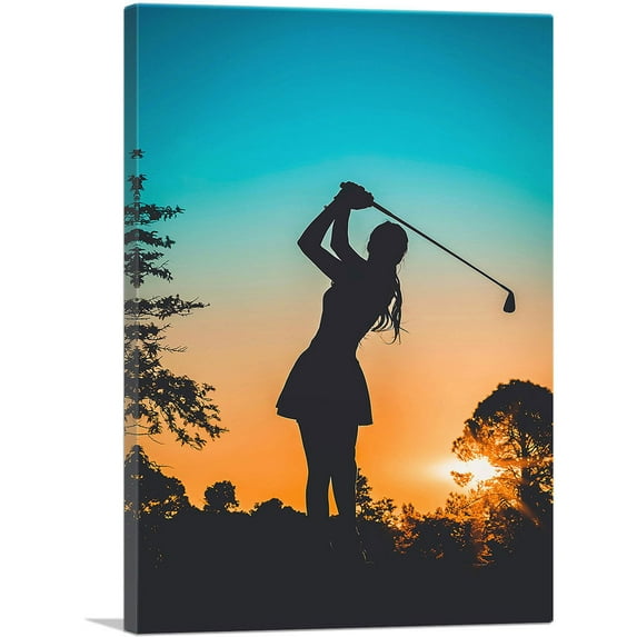 ARTCANVAS Girl Golfer Silhouette Sunset Canvas Art Print - Size: 40" x 26" (0.75" Deep)