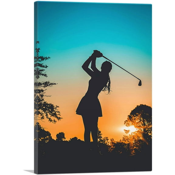ARTCANVAS Girl Golfer Silhouette Sunset Canvas Art Print - Size: 26" x 18" (0.75" Deep)