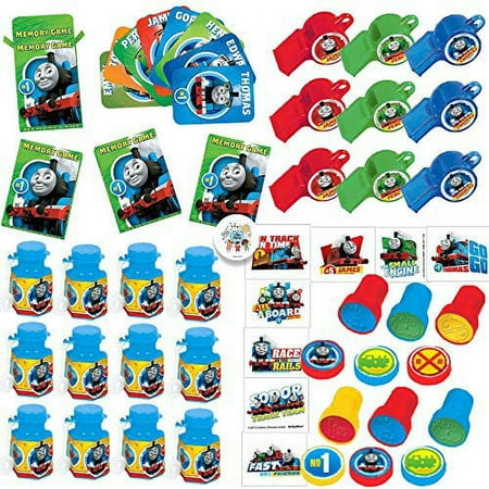 Thomas the Train Birthday Party Favors and Goodie Bag Fillers Pack For 12 With Memory Game, Whistles, Stampers, Tattoos, Bubbles and Pin
