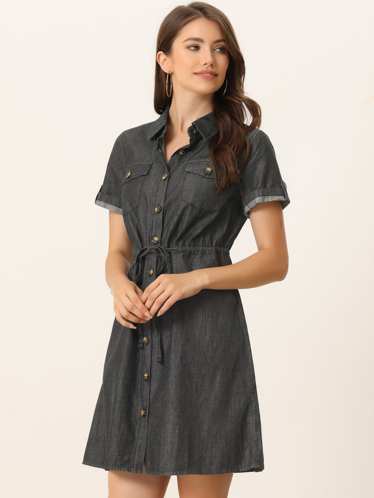 DARING DIVA Casual Button Front Summer Short Sleeve Dresses M Black