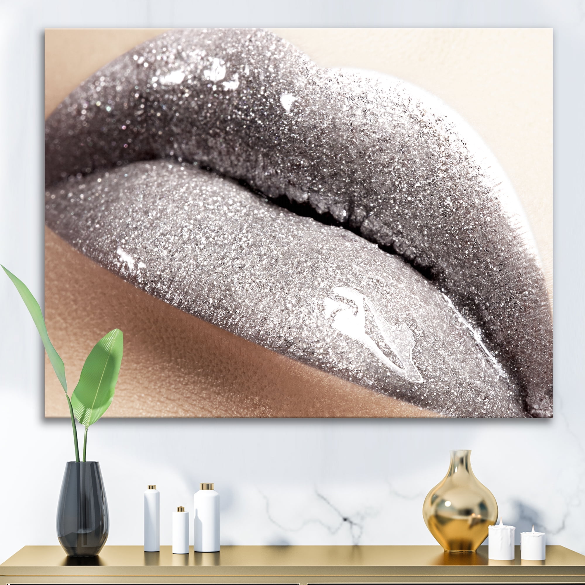 Designart ' Close Up of Female Lips With Glittering Silver ' Modern Canvas Wall Art Print