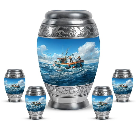 KARYLIZ Fishing Urns For Human Ashes Adult Man Small - Urns For Human Ashes Adult Woman - Ocean Blue Funeral Urn For Adult Ashes Men - Small Urn for Human Ashes Keepsake (Combo Of 5, 10" & 3")