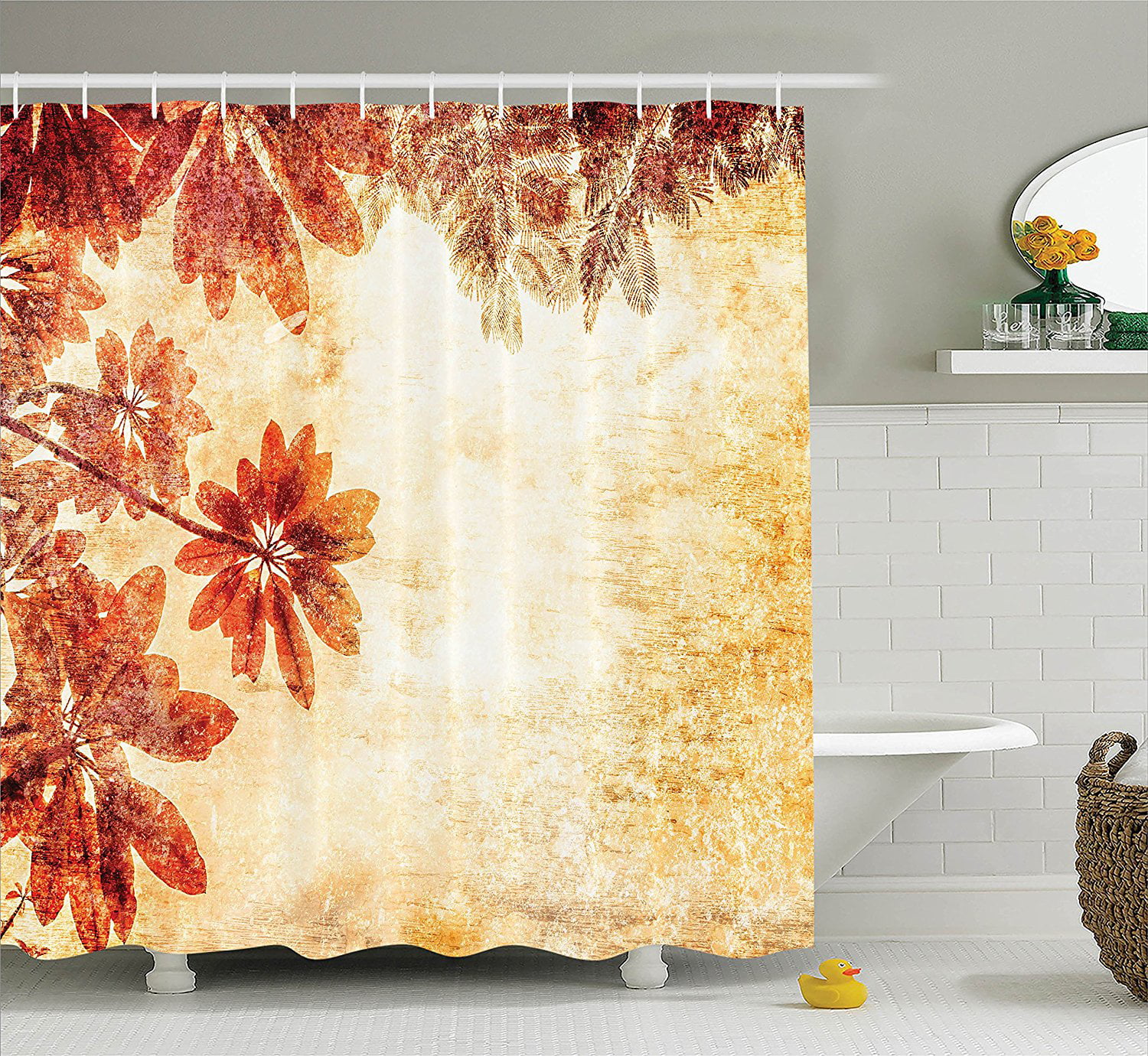Burnt Orange Decor Shower Curtain Set By , Dated Leaves Pattern On ...