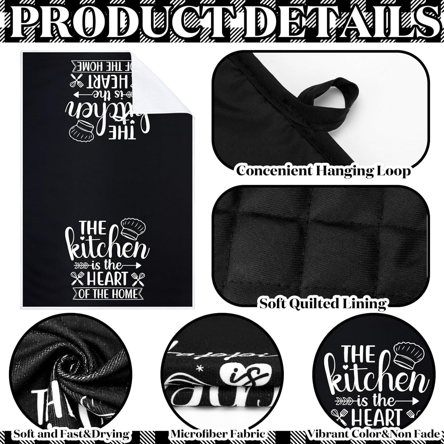 6 Pcs Kitchen Decor Accessories Set Farmhouse Towels Pot Holders Oven Mitts Set 2 Dish Towels 2 Potholders 2 Cooking Mittens Oven Glove for Christmas Baking Cooking Supply(Black,Kitchen)