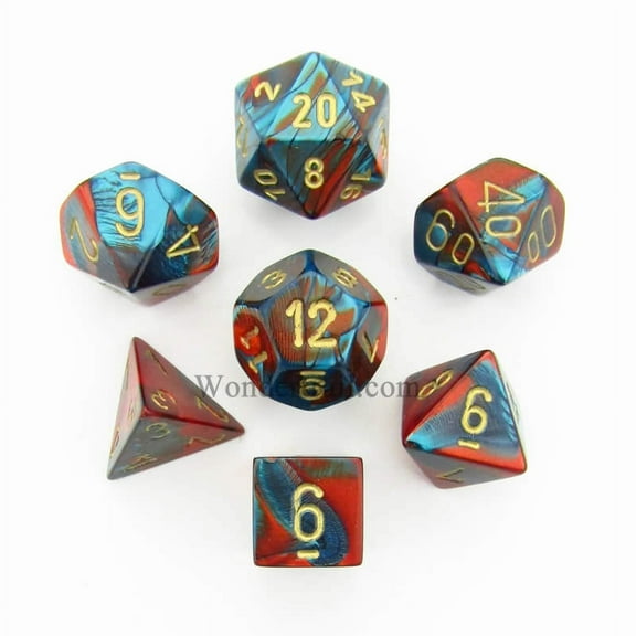 Red and Teal Gemini Dice with Gold Numbers 7 Dice Set 16mm (5/8in) Chessex