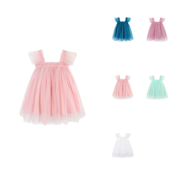 Toddler Girls' Sleeveless Mesh Tutu Dress with Fly Sleeves, Holiday Party Princess Sundress with Soft Pom and Flower Tulle