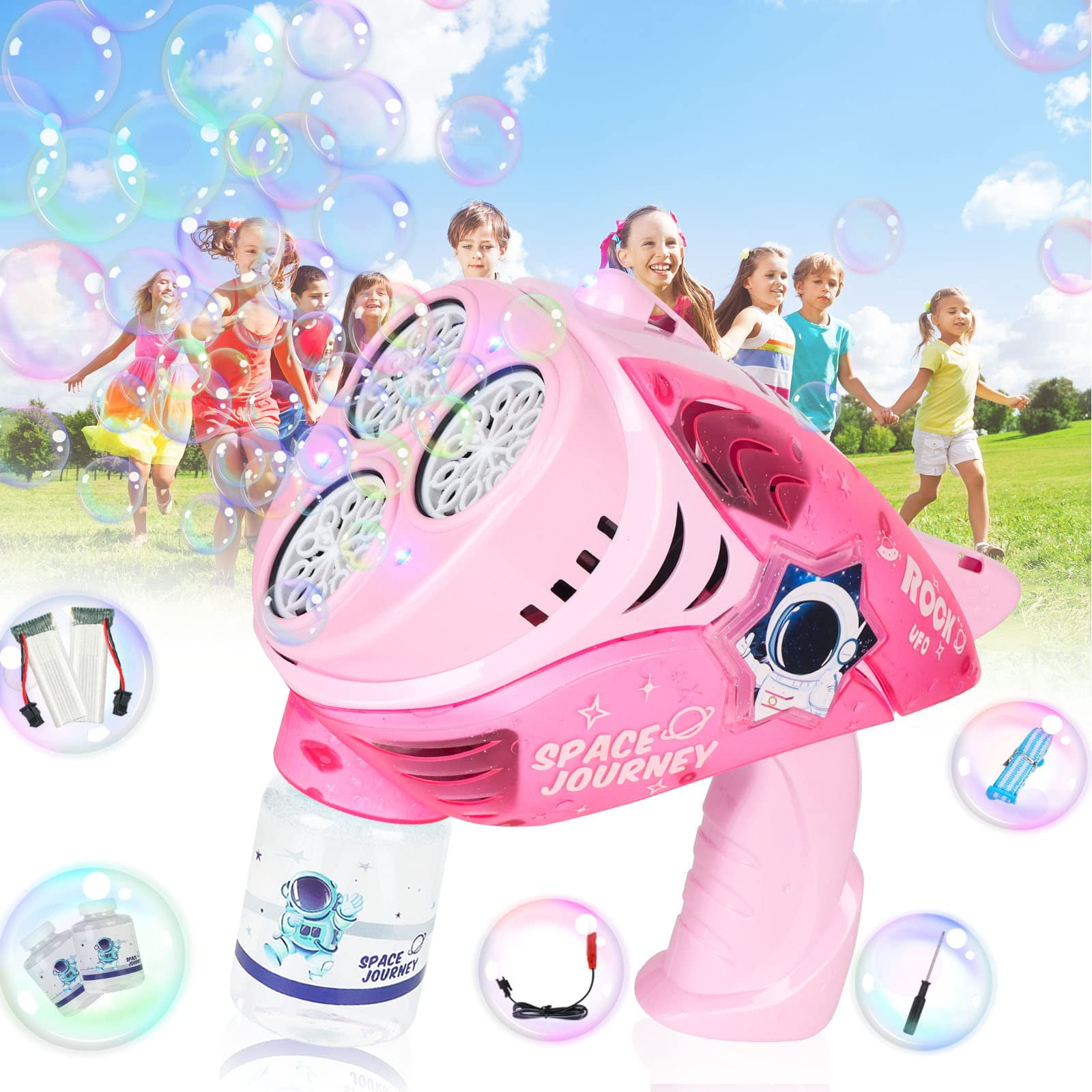 Kids Bubble Shooter Bubble 360° No Leak Automatic Bubble Machine with LED  Light 1 Bubble Solution for Birthday Party Summer Toys Outdoor Activities