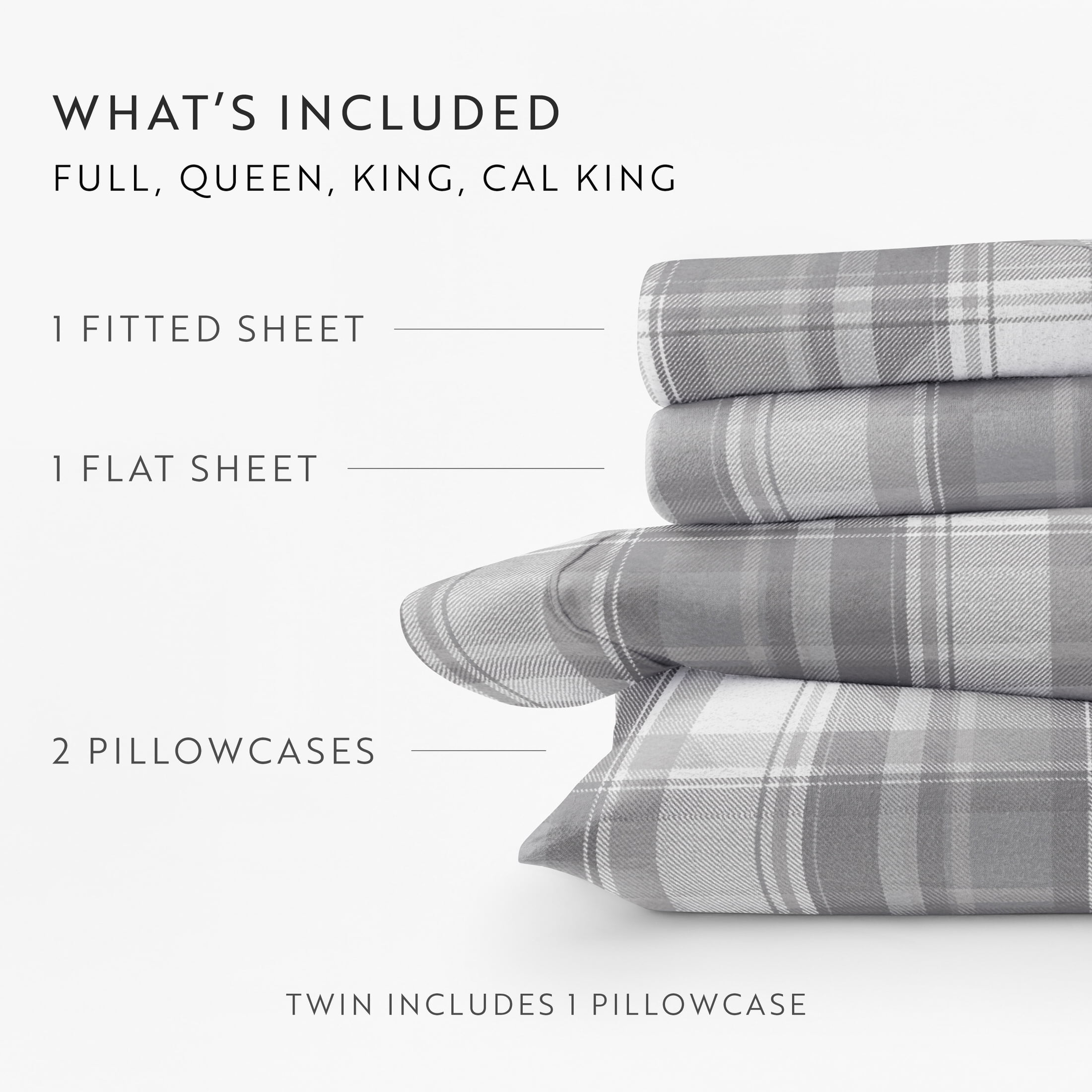 Light Grey Plaid 4 Piece 100% Cotton Flannel Deep Pocket Sheet Set, Twin, by Noble Linens