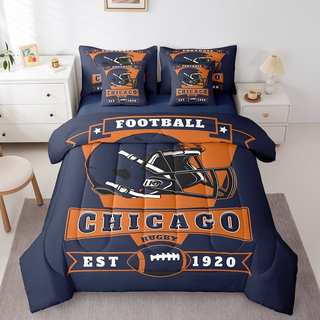 Erosebridal Literie de Football Américain Format Simple 7 Pcs pour Garçons Filles, Réversible, Bleu Marine, Chicago