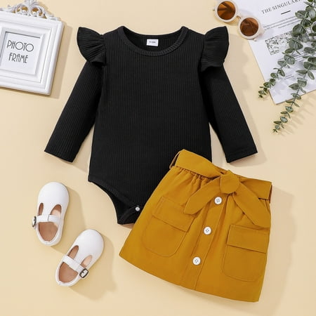 

Hunpta Infant Girls Ruffles Long Sleeve Ribbed Romper Bodysuits Skirt With Pocket Outfits