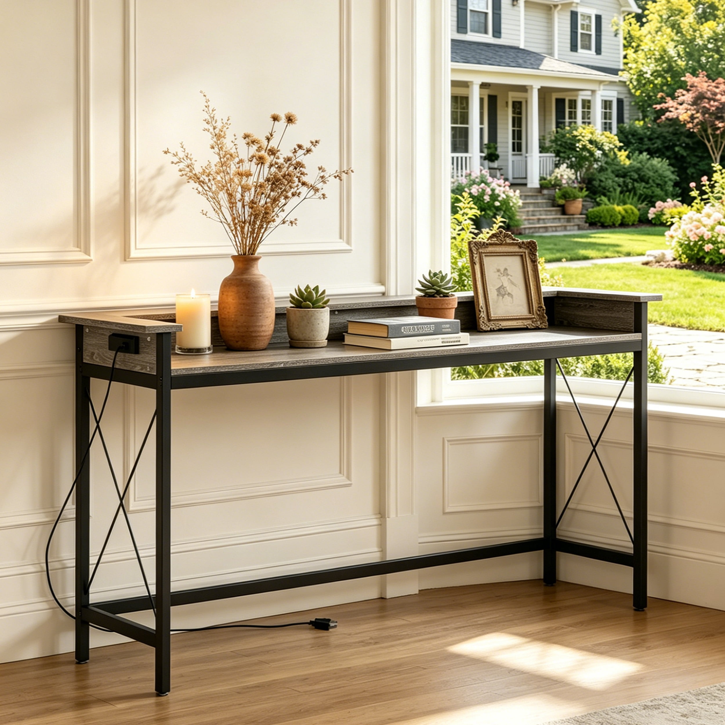 Fnova 70.9" Console Table, Extra Long Sofa Table with Outlets and USB Ports, Industrial Entryway Table with Charging Station, Narrow Hallway Accent Table for Living Room, Hallway, Foyer