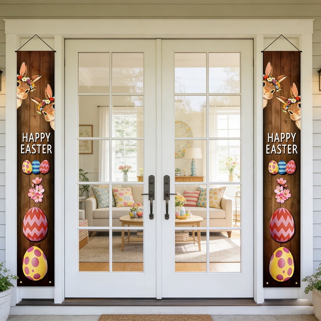 ddioayh Easter Door Banner 2PC Set Durable Easter Egg Bunny Decorations 30x180cm For Home Shop Party Decor