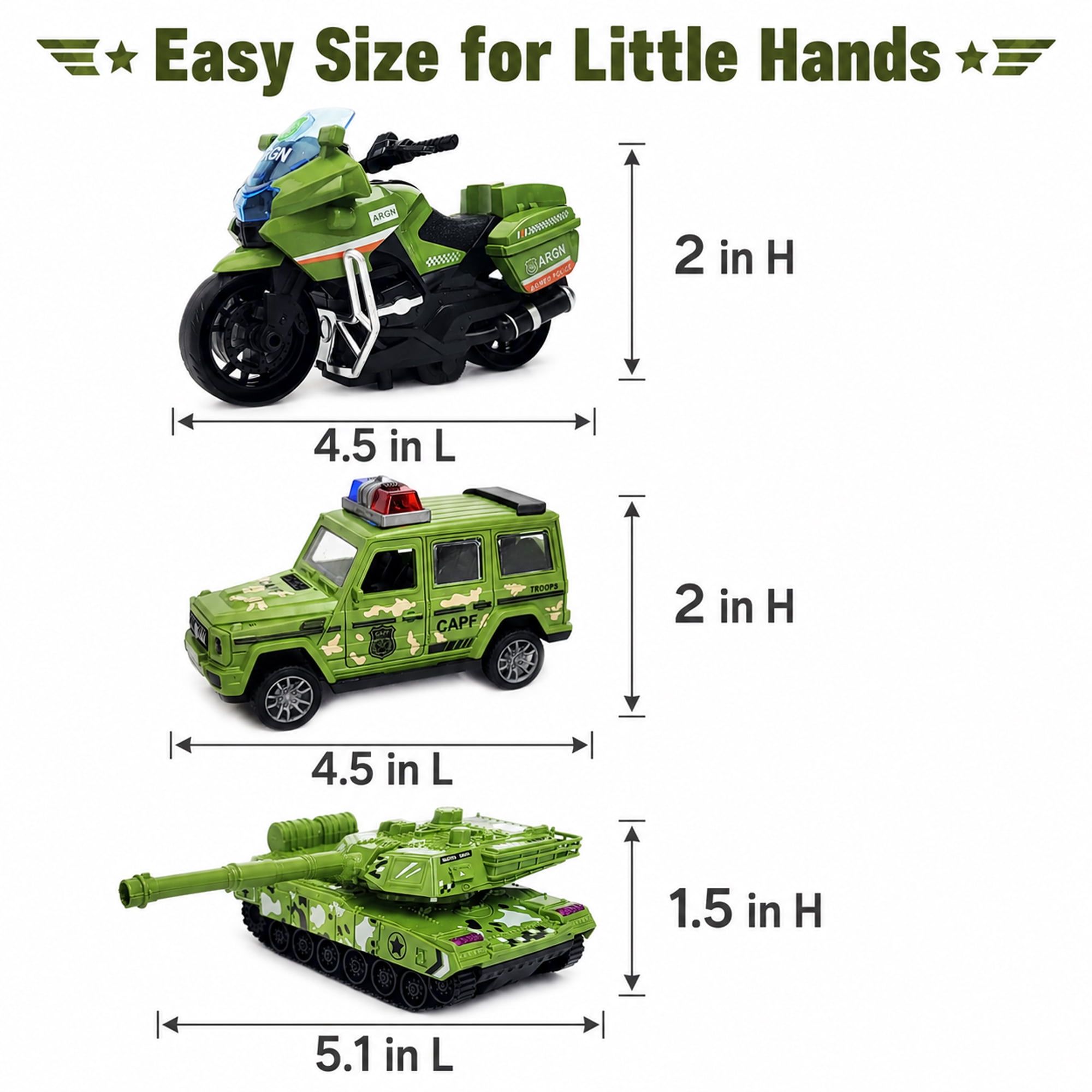 Friction Powered Vehicle Toys 3 Pack, Camouflage Tank Jeep Motorcycle Push and Go Toy Cars for Kids Ages 3+, No Battery Gift Set